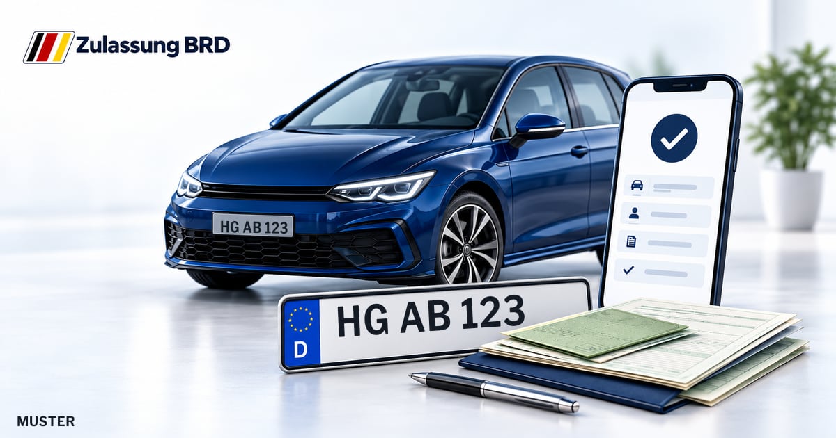 Online Fahrzeugzulassung in Weilrod: Musterkennzeichen HG AB 123, Auto und Fahrzeugpapiere und Smartphone. Illustration mit Logo von Zulassung BRD.